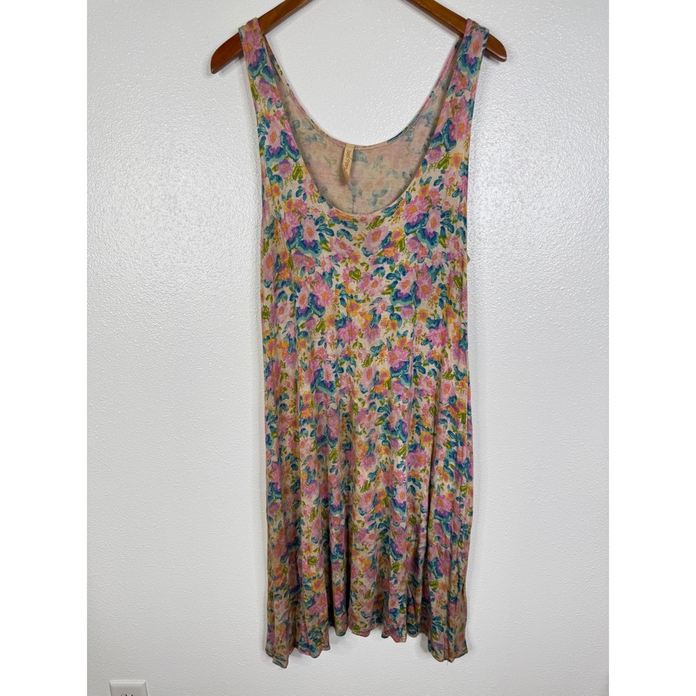 Steel Pony Floral Rayon Tank Dress Womens Large Pink Blue Watercolor Made in USA